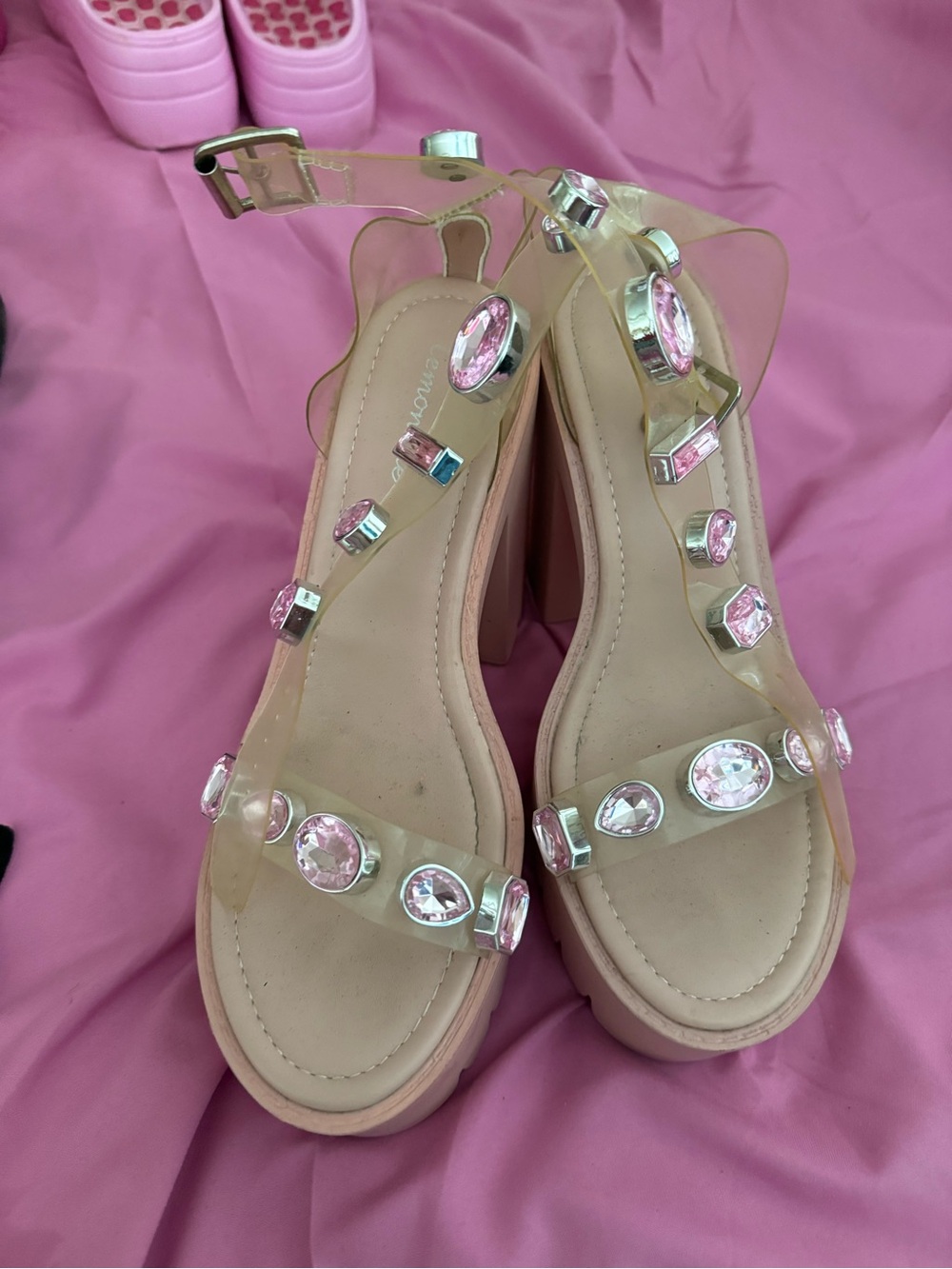 Clear Jelly Platform Sandals with Pink Gem Accents